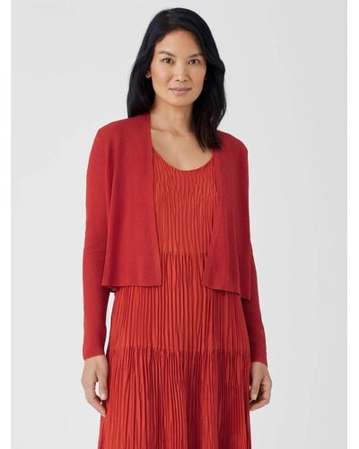 Eileen Fisher Organic Linen Cotton Airy Tuck Cropped Cardigan - Red