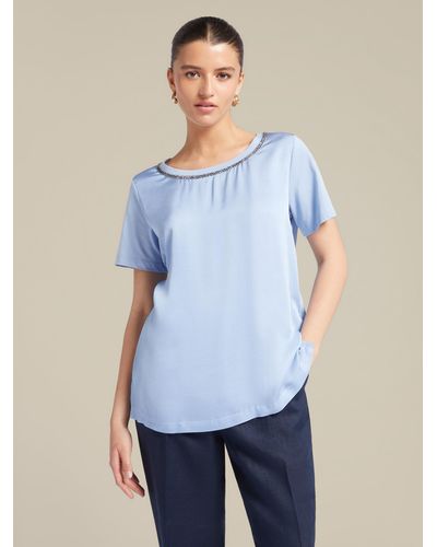 Elena Miro T-shirt con bordo in cristalli - Blu