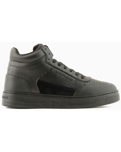 Emporio Armani Asv Regenerated Leather High-top Sneakers With Suede Detail - Black