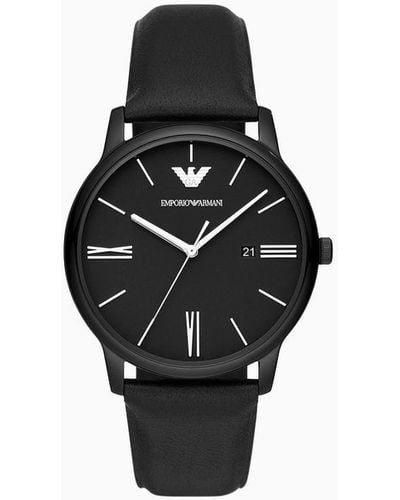 Emporio Armani Reloj De Piel Negra Con Tres Manecillas Y Fecha - Negro