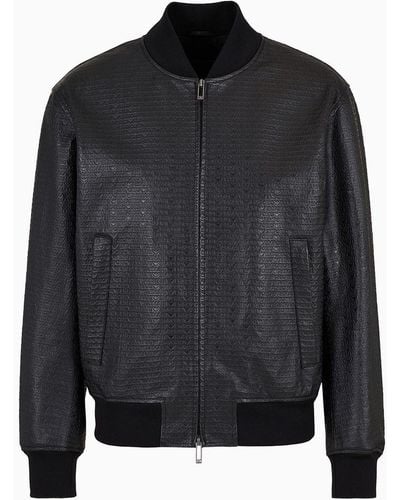 Emporio Armani Blouson En Peau D'agneau Végétal Avec Inscription Imprimée All Over - Noir