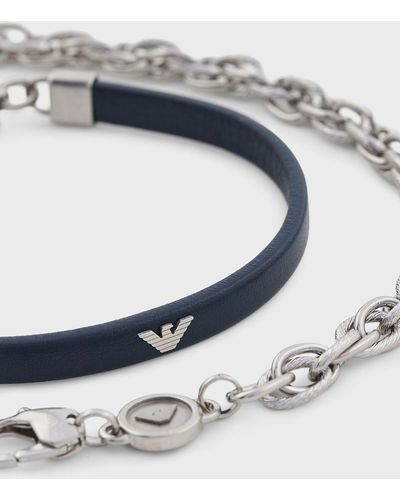 Emporio Armani Blue Leather And Stainless Steel Bracelet Set