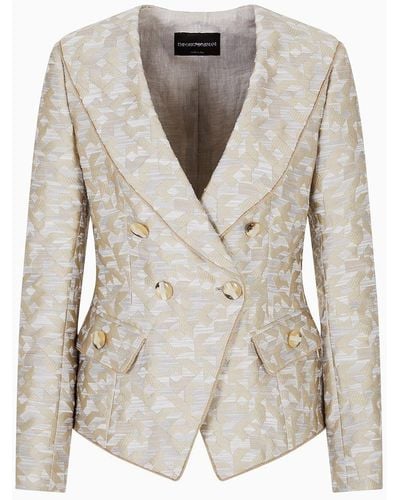 Emporio Armani Double-breasted Shawl-collar Jacket In Jacquard With A Deconstructed Geometric Design - White