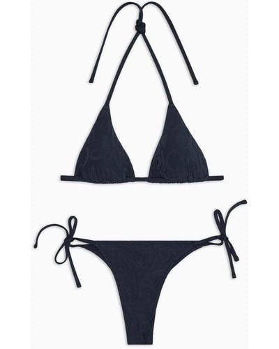 Emporio Armani Bikini Con Triangolo Imbottito In Tessuto Jacquard Logo Bold 3d All Over - Blu