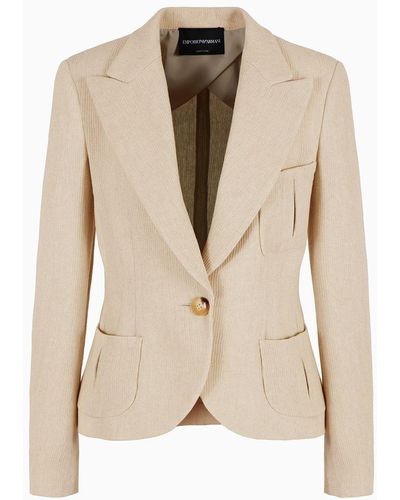 Emporio Armani Single-breasted Jacket In A Linen-blend Armure Crêpe - White