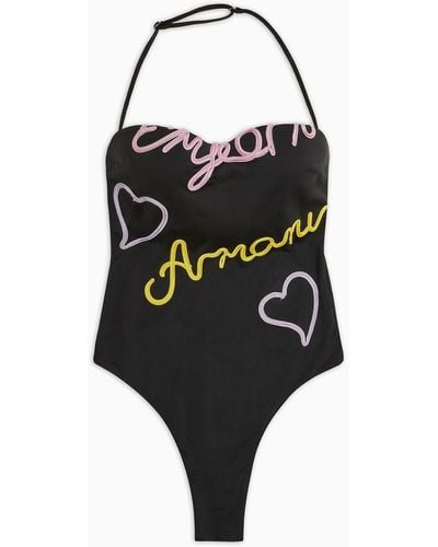 Emporio Armani Padded Lycra One-piece Swimsuit With Cornely Logo Embroidery - Black