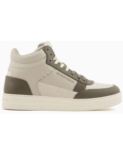 Emporio Armani Asv Regenerated Leather High-top Trainers With Suede Detail - White