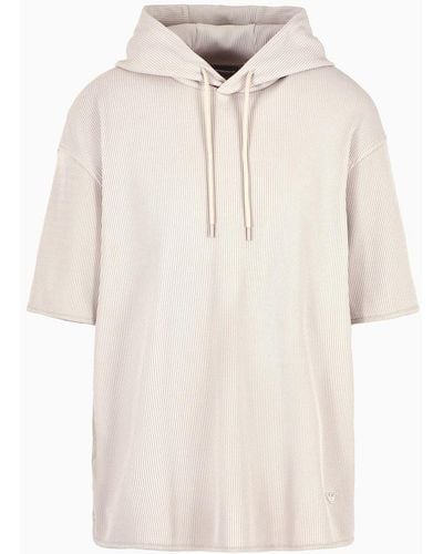 Emporio Armani Short-sleeved Hooded Jumper In Canneté Jersey - White