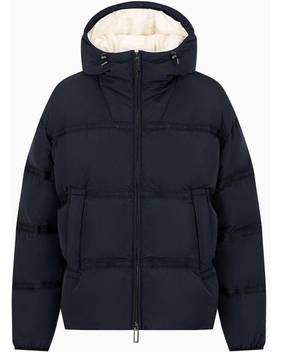 Emporio Armani Water-repellent Hooded Down Jacket In Nylon Otto With Jacquard Logo Tape - Blue