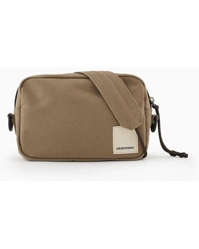 Emporio Armani Sustainability Values Capsule Collection Organic Canvas Drawstring Tech Case With Shoulder Strap - Brown