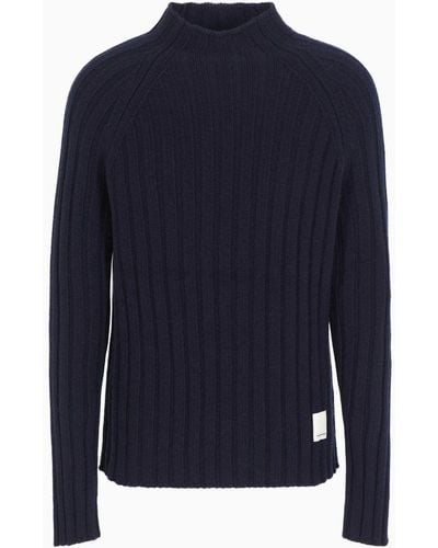 Emporio Armani Asv Capsule Mock-neck Sweater In A Ribbed Recycled Wool Blend - Blue