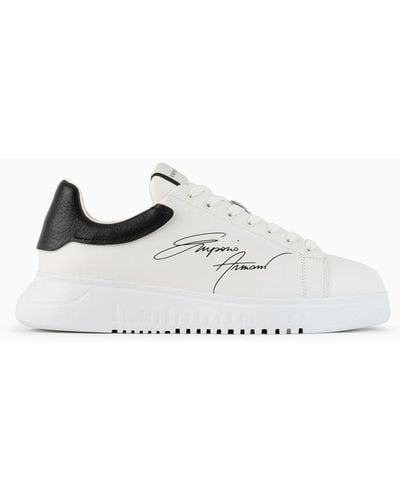 Emporio Armani Leather Sneakers With Signature Logo And Knurled Sole - White