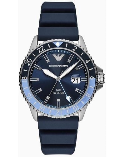 Emporio Armani Uhr Mit Gmt-zweizeigerwerk Aus Blauem Silikon