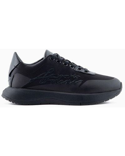 Emporio Armani Sneakers In Nylon Con Ricamo Logo Signature Travel Essentials - Blu