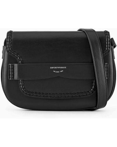 Emporio Armani Medium Shoulder Bag In Leather With Flap And Logo Gusset - Black