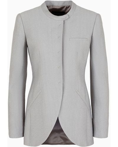 Emporio Armani Icon Asv Guru-collar Jacket In A Flowing Lyocell And Linen Blend Armure Fabric - Gray