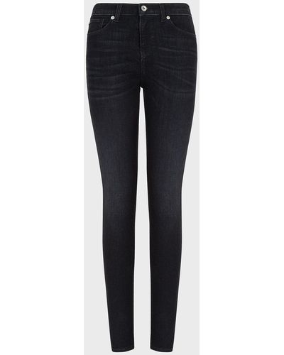 Emporio Armani Jeans J20 High Waist Super Skinny Leg In Denim Stretch Used Con Ricamo Signature - Nero
