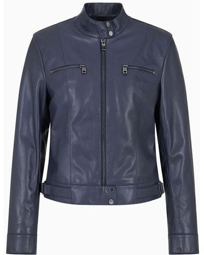 Emporio Armani Biker Jacket In Lambskin Nappa Leather With A Soft Feel - Blue