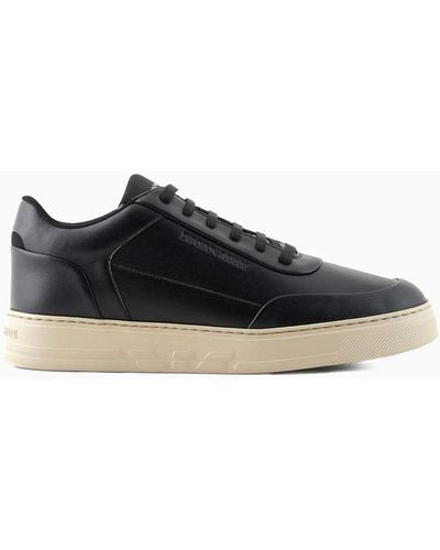 Emporio Armani Leather Trainers With Side Logo - Black
