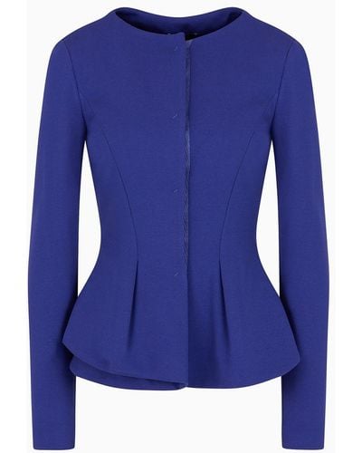 Emporio Armani Flared Single-breasted Jacket In Stretch Milano-stitch Fabric - Blue