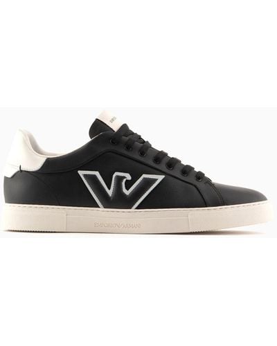 Emporio Armani Leather Sneakers With Eagle Patch - Multicolor