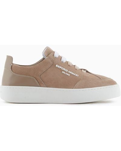Emporio Armani Velour Leather Trainers With Side Logo - Brown