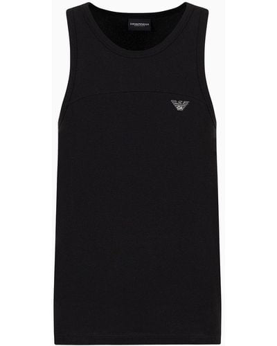 Emporio Armani Ribbed Cotton Loungewear Tank Top With Micro Eagle Patch - Black