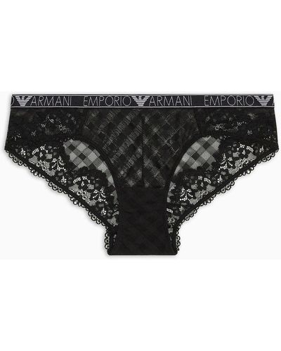 Emporio Armani Asv Mesh Briefs With Lace And A Gingham Pattern - Black