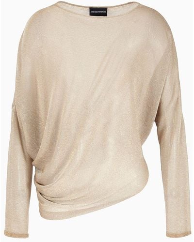 Emporio Armani Sweater With Asymmetric Hem And Draping In Sheer Lurex - Natural