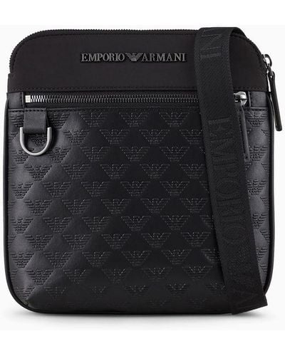 Emporio Armani Flat Nylon Shoulder Bag With Monogrammed Eagle - Black