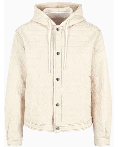 Emporio Armani Hooded Bull Denim Blouson With All-over, Three-dimensional Logo - Natural