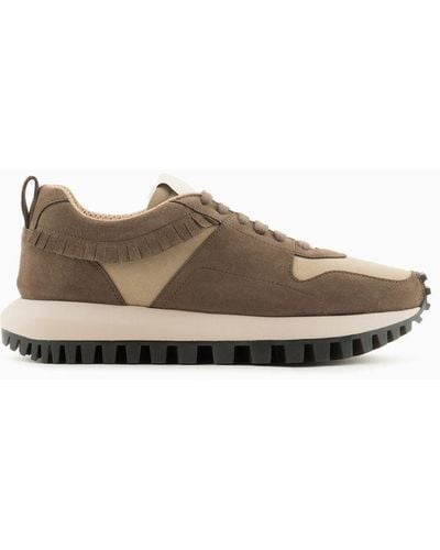 Emporio Armani Sustainability Values Capsule Collection Suede Trainers With Fringe Detail - Brown