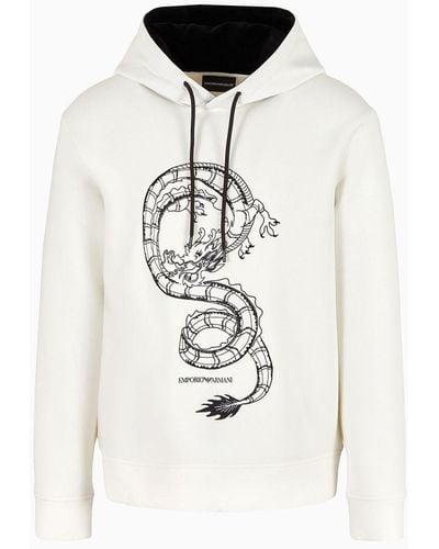 Emporio Armani Double-jersey Hooded Sweatshirt With Dragon Embroidery - White