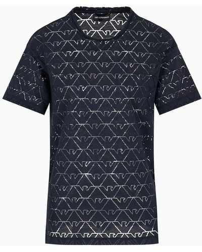 Emporio Armani Devoré Jersey T-shirt With All-over Eagles - Blue