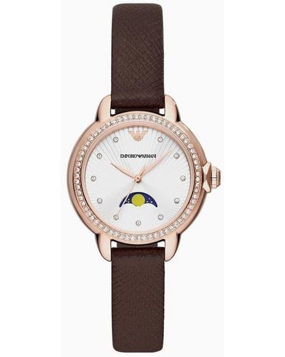 Emporio Armani Three-hand Moonphase Brown Leather Watch - White