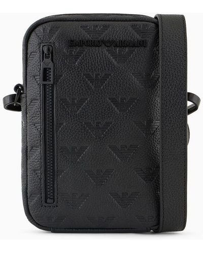 Emporio Armani Leather Tech Case With Shoulder Strap With All-over Embossed Eagle - Black