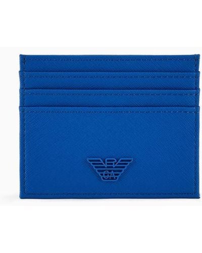 Emporio Armani Asv Regenerated Saffiano Leather Card Holder With Rubberised Eagle - Blue