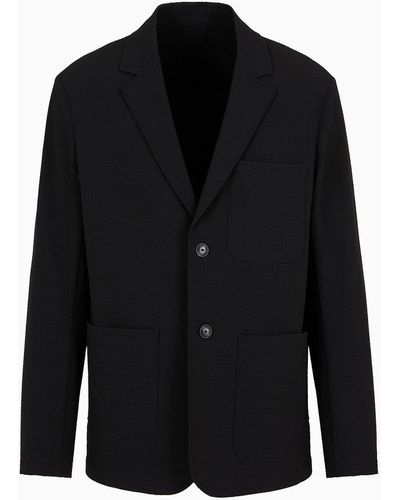 Emporio Armani Single-breasted Jacket In Technical Seersucker Fabric - Black