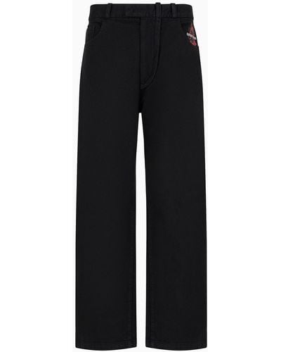 Emporio Armani Garment-dyed Bull Denim Baggy Trousers With Mon Amour Print - Black
