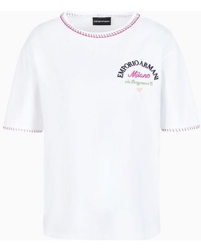 Emporio Armani Camiseta De Punto Orgánico Con Bordado De Logotipo Y Pespuntes Asv - Blanco