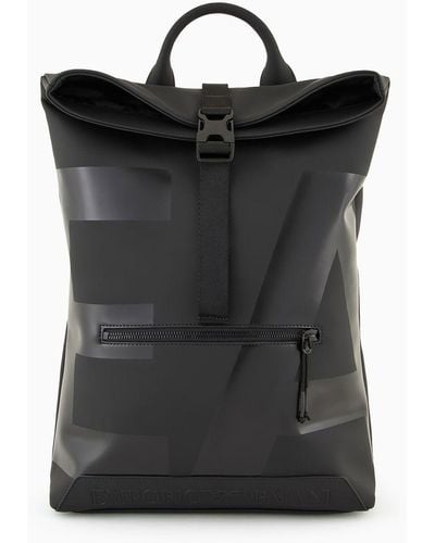 Emporio Armani Slim Backpack In Rubberised Material With Oversized Ea Logo - Black