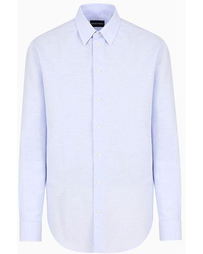 Emporio Armani Camicia Collo Classico In Chambray Misto Lino - Bianco