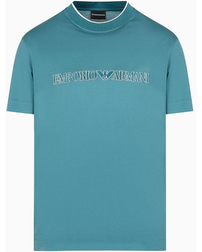 Emporio Armani T-shirt In Jersey Misto Lyocell Con Ricamo Logo A Rilievo Asv - Blu