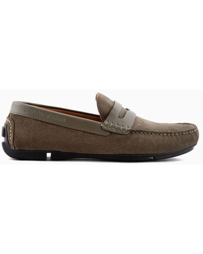 Emporio Armani Micro-perforated Suede Driving Loafers - Multicolor