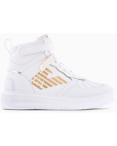Emporio Armani Leather High-top Trainers With Laminated Eagle - White