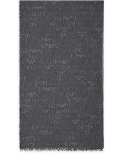 Emporio Armani Brushed-fabric Scarf With All-over Lettering - Gray