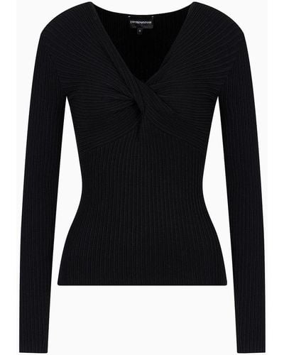 Emporio Armani Link-stitch Viscose-blend Sweater With Crossover V Neckline - Black
