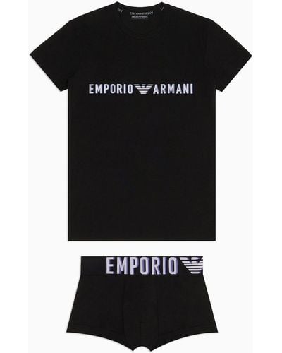 Emporio Armani Conjunto De Camiseta Interior De Estar Por Casa Y Calzoncillo Bóxer De Algodón Orgánico Con Logotipo Grande Asv - Negro