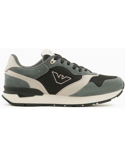 Emporio Armani Mesh And Suede Sneakers With Side Eagle - Natural