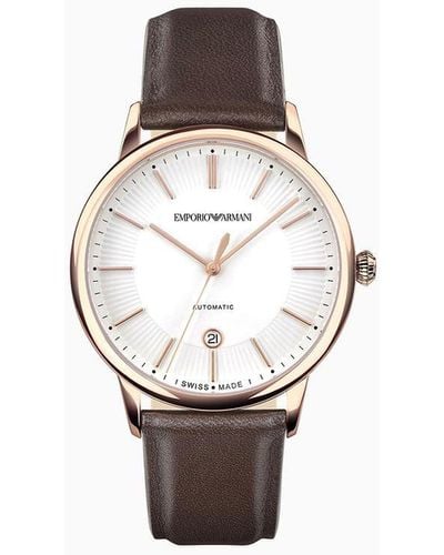 Emporio Armani Swiss Made Automatic Brown Leather Watch - Multicolor